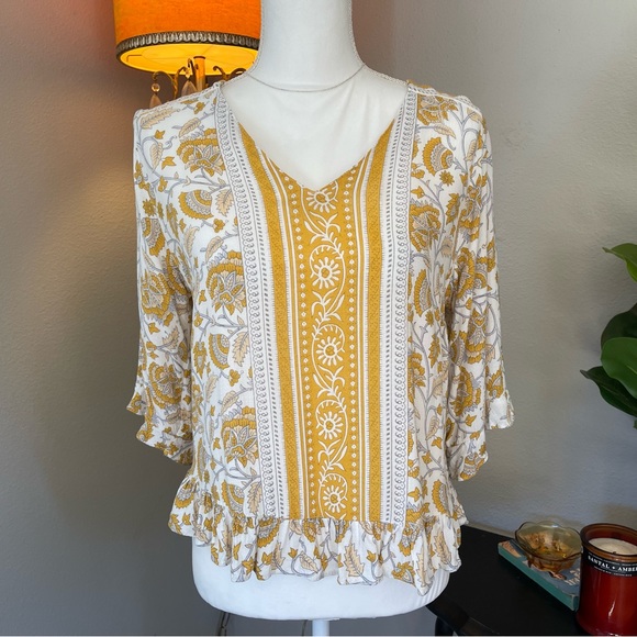 ❣️2/$15❣️ Rachel Zoe Women’s Size Small Yellow Boho Vintage Floral Print Blouse - Picture 3 of 9